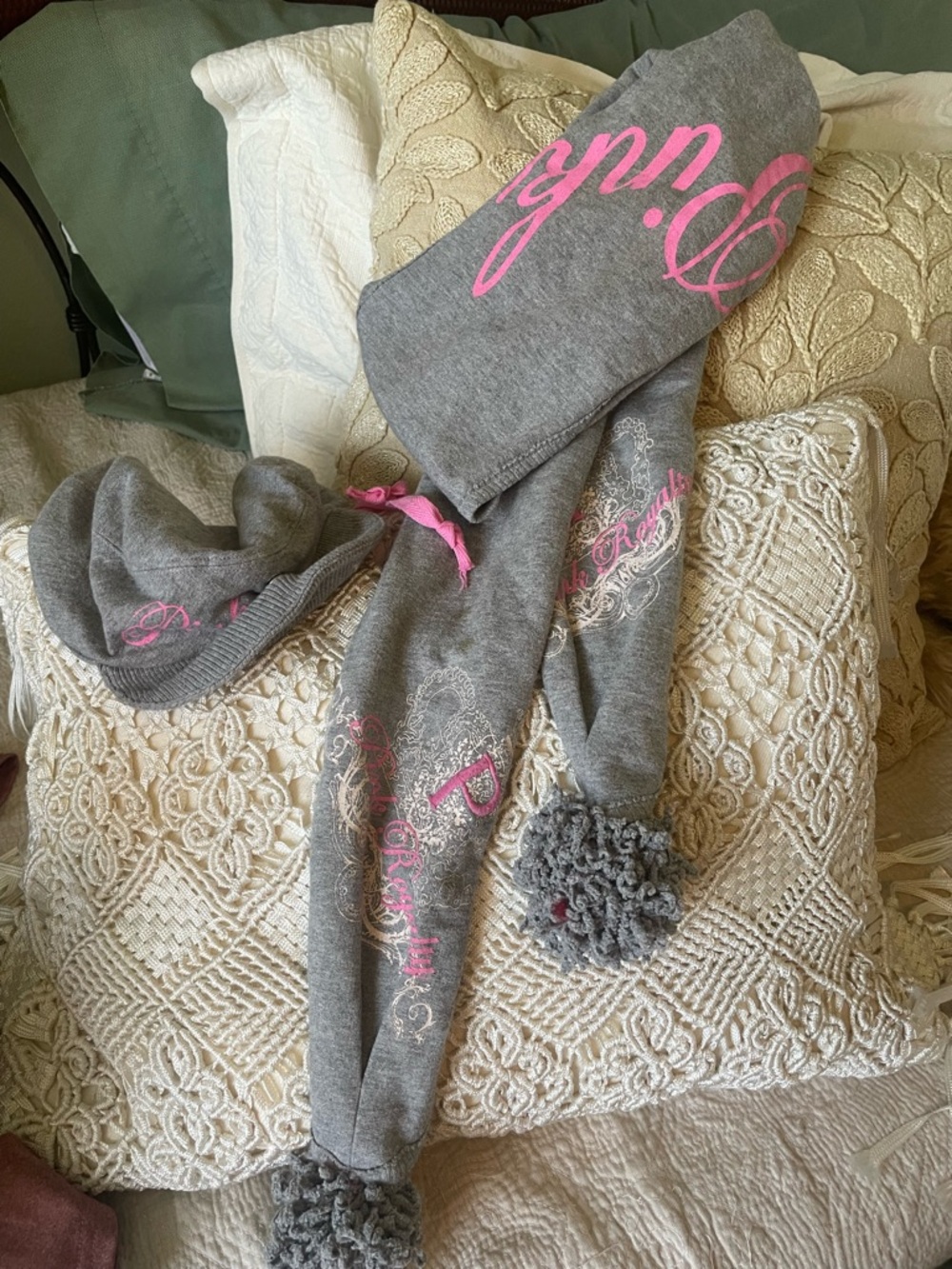 PINK Victoria's Secret Grey Knit Scarf & Hat Set with Pink Logo
